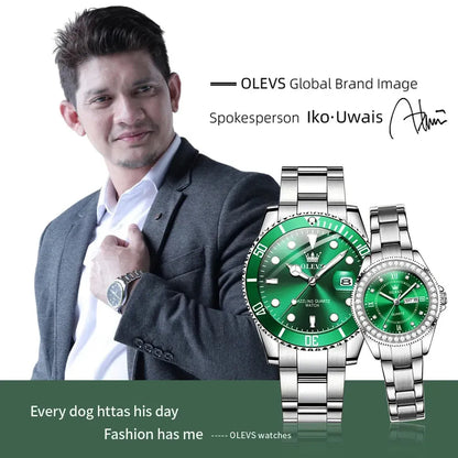 Elegance® 5885 Luxury Brand Couple Watches Set Waterproof Green Men's and Women's Quartz Watch Romantic Lover Calendar Week Wristwatch