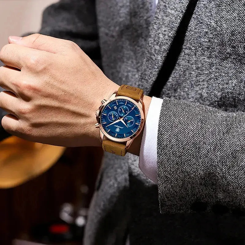 ELEGANCE® Genuine Leather Men's Watch Fashion Luminous Calendar Stopwatch Male Clock Waterproof Moon Phase Quartz Wristwatch POEDAGAR
