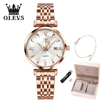 ELEGANCE® Women Luxury Jewelry Quartz Watch Waterproof Stainless steel Strap Rose Gold Watch for Women Fashion Watch Bracelet Set OLEVS