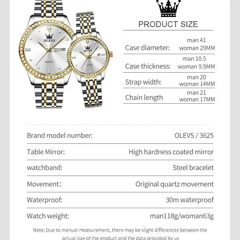 ELEGANCE® 3625 Couple Watch Luxury Brand Business Waterproof Stainless Steel Watch Elegant Dress His or Her Diamond Quartz Couple Watch