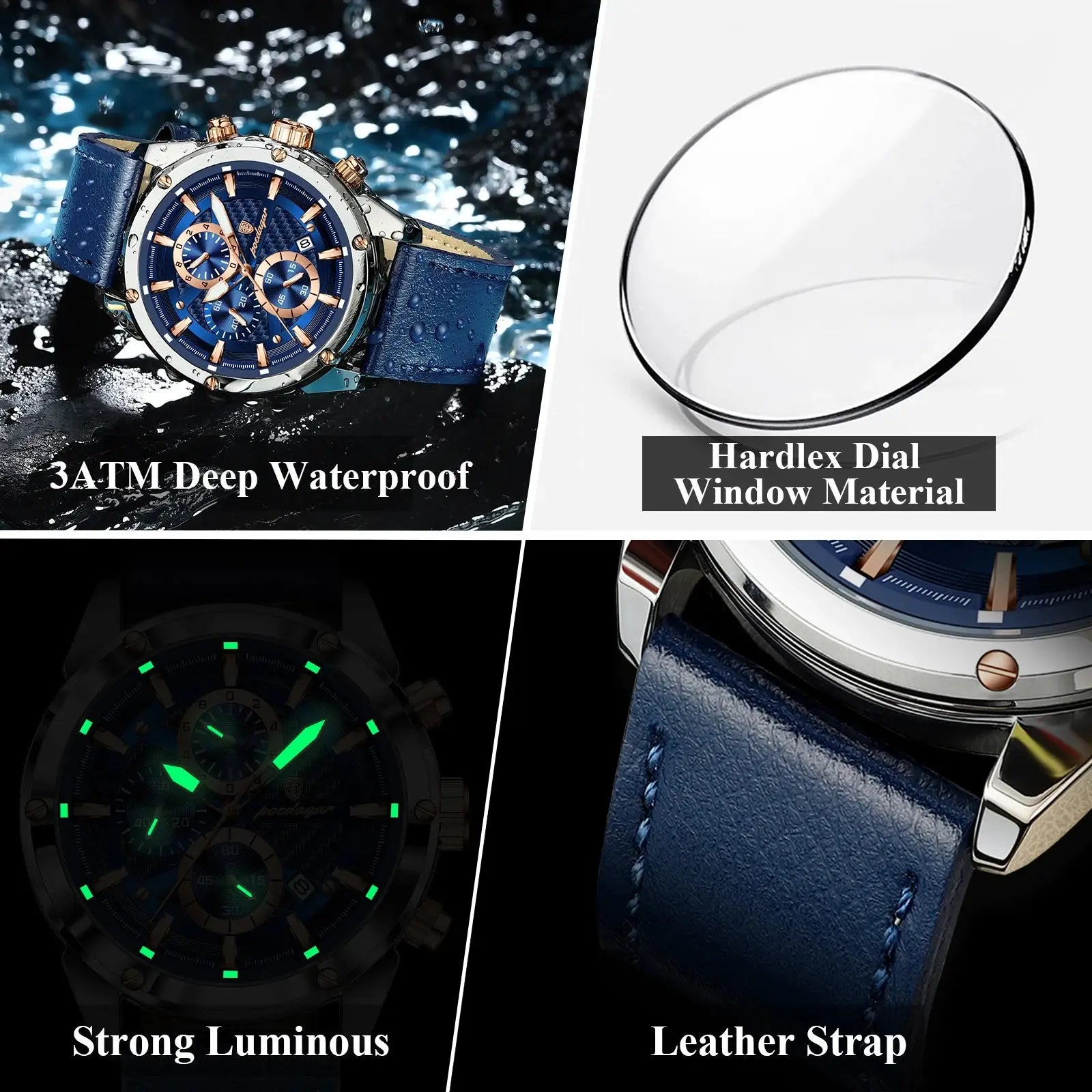 Elegance® 860 Luxury Sports Man Wristwatch Military Quartz Men Watch Waterproof Luminous Chronograph Date Leather Men's Watches