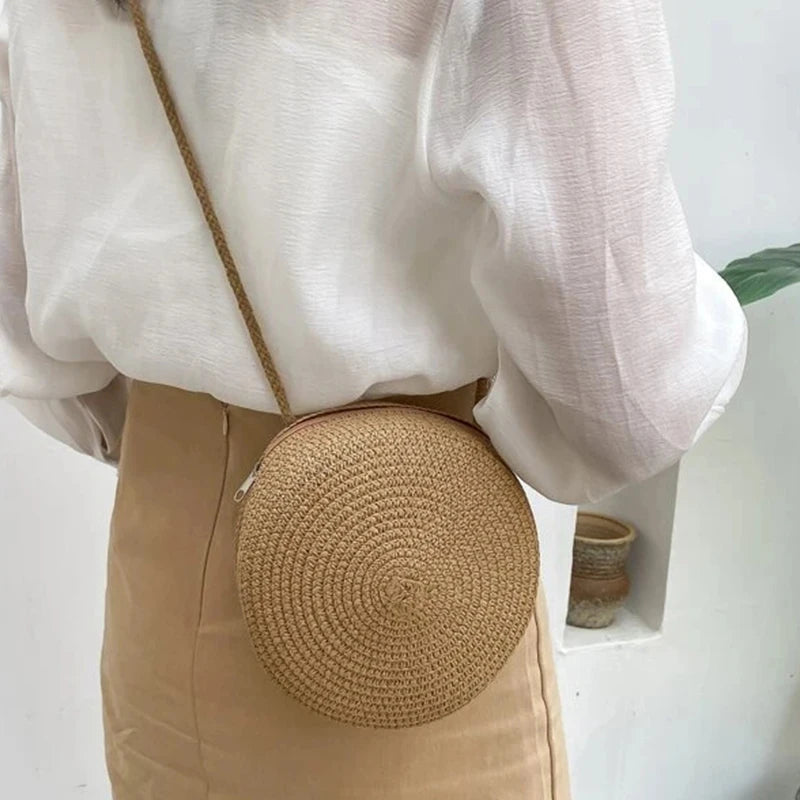 Elegance PureElegance Minimalist Bag - Minimalist Straw Bag Round Crossbody Purse Women Shoulder Vocation Style Handbag