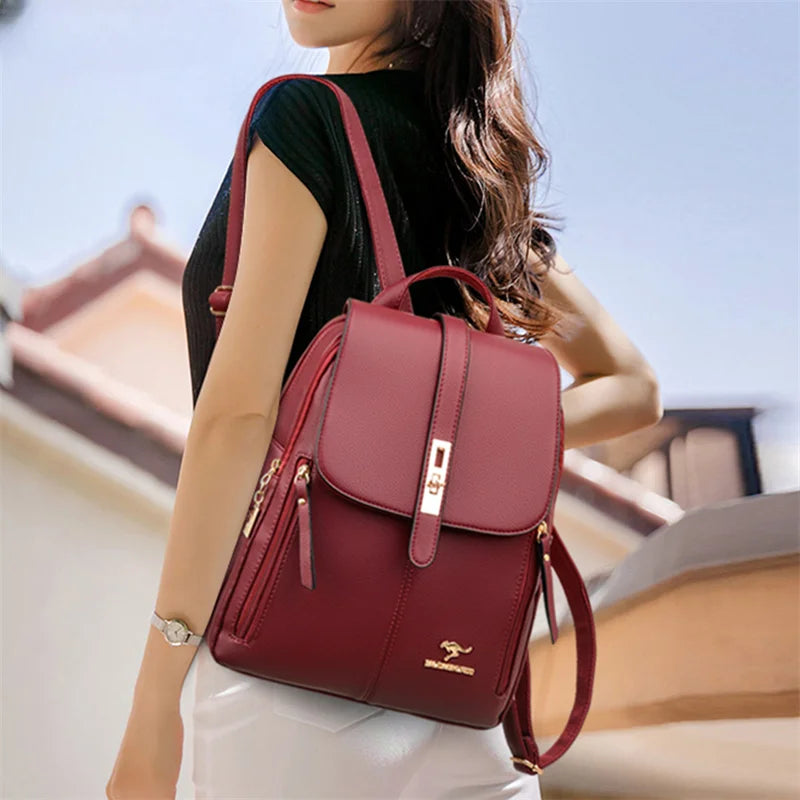 Elegance Chic Voyager 3649 Luxury Women Leather Backpacks for Girls Sac Casual Daypack Black Vintage Backpack School Bags for Girls Mochila Rucksack