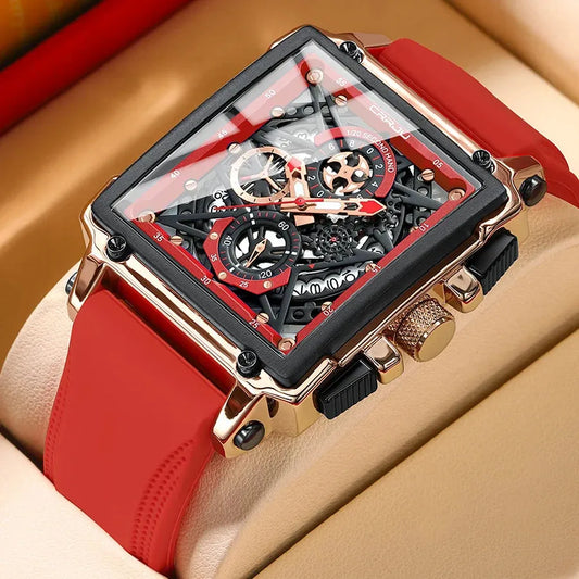 Elegance® Phantom 2312 Men Watch Fashion Sports Watches with Large Dial Unique RectangularHollow Design Quartz Wristwatches with Chrongraph Auto Date