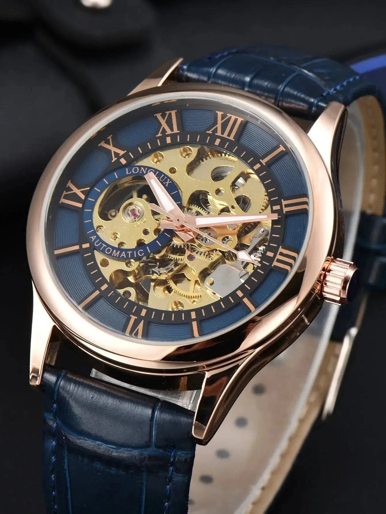 Elegance® Navy Sleek 8020 Men Automatic Watch Mechanical Rome Skeleton 40mm Leather Waterproof Wristwatch