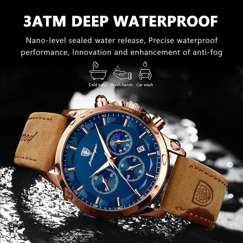 ELEGANCE® Genuine Leather Men's Watch Fashion Luminous Calendar Stopwatch Male Clock Waterproof Moon Phase Quartz Wristwatch POEDAGAR