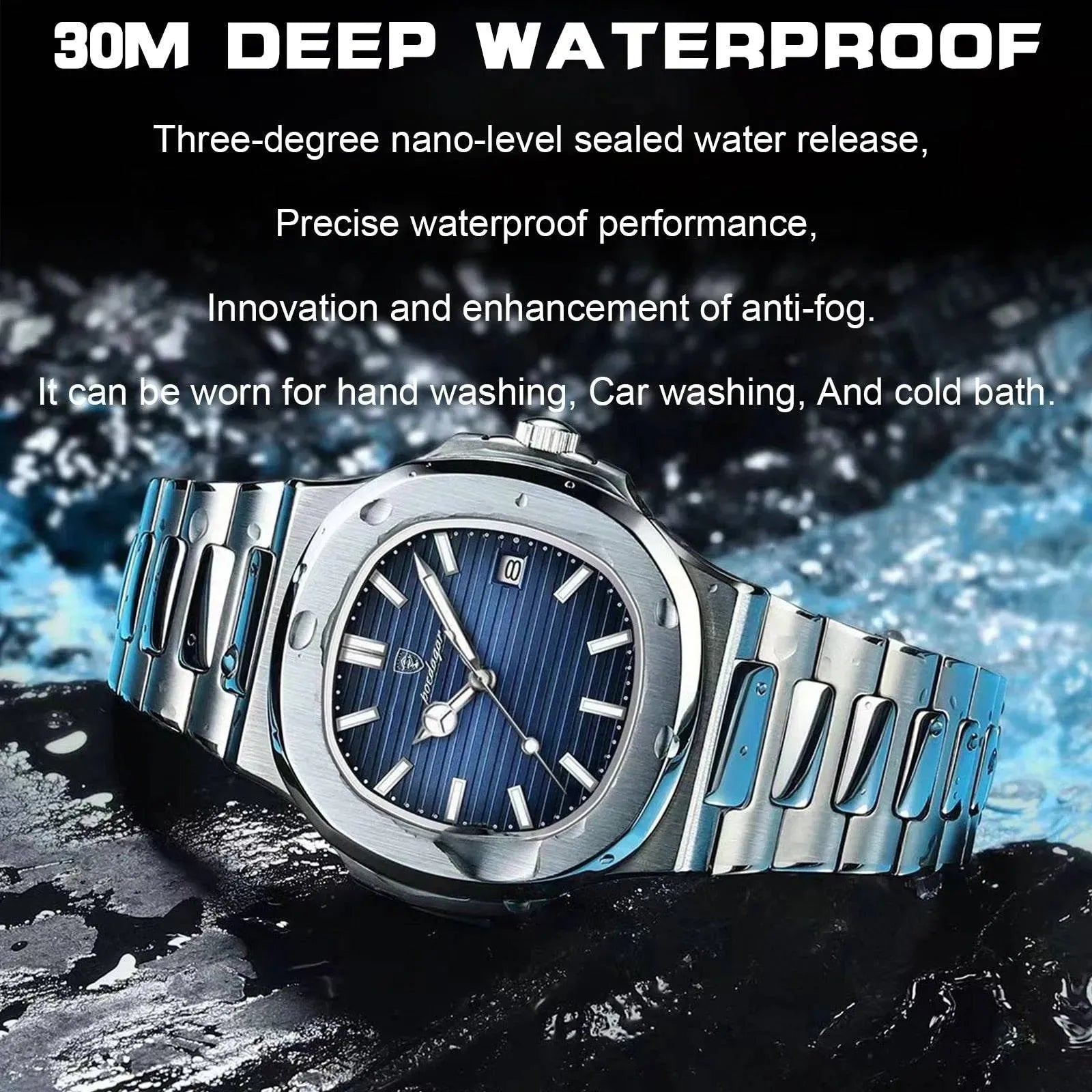 ELEGANCE® Luxury Square Watch Business Waterproof Male Clock Luminous Date Stainless Steel Quartz Men Watch POEDAGAR