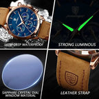 ELEGANCE® Genuine Leather Men's Watch Fashion Luminous Calendar Stopwatch Male Clock Waterproof Moon Phase Quartz Wristwatch POEDAGAR