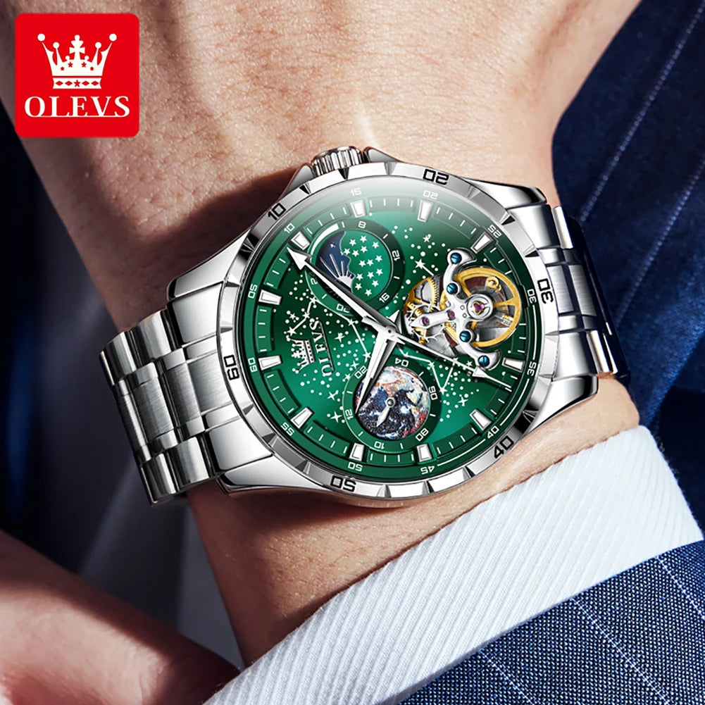 Elegance® 6689 Automatic Mechanical Watch for Men Starry Sky 42mm Dial Rotating Seconds Wrist Watch Luminous Star Moon Phase Watch