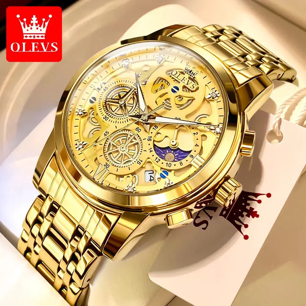 Elegane® 9947 Men's Watches Top Brand Luxury Original Waterproof Quartz Watch for Man Gold Skeleton Style 24 Hour Day Night