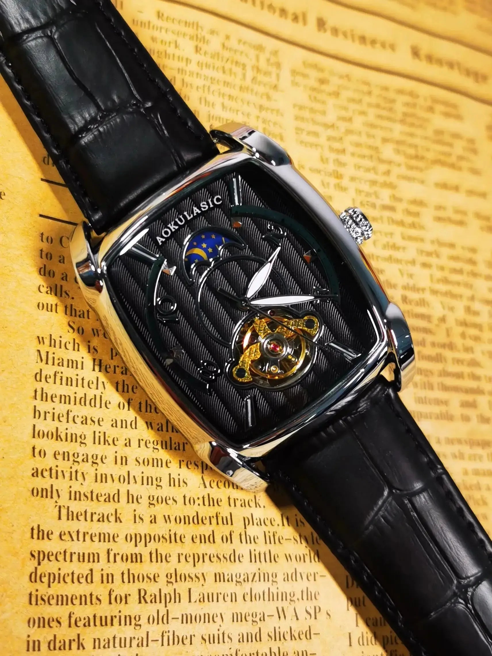 Elegance® Tonneau 005 Moon Phase Automatic Watch for Men Luxury Brand Tourbillon Skeleton Mechanical Watches Leather Belt Luminous Hands Clock