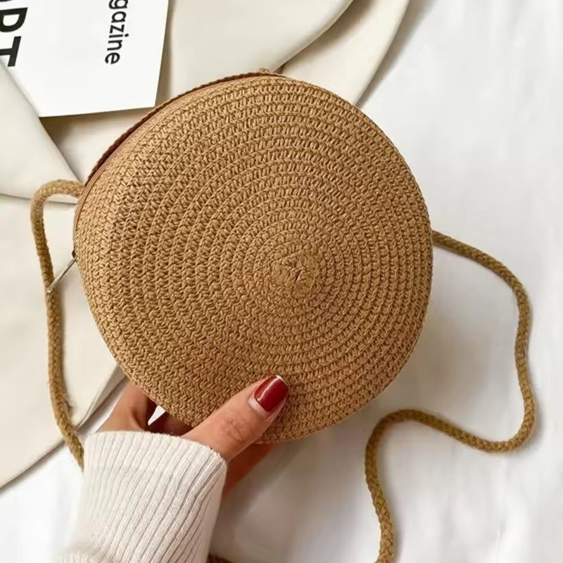 Elegance PureElegance Minimalist Bag - Minimalist Straw Bag Round Crossbody Purse Women Shoulder Vocation Style Handbag