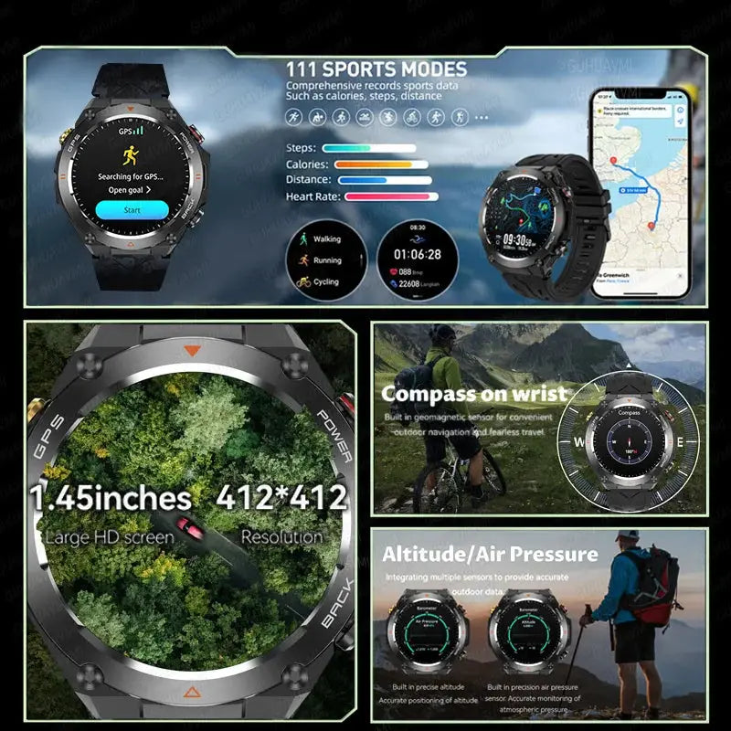 Elegance® TrailBlazer Smart Watch GPS 1.45" Ultra HD Display Built-in GPS & Compass Make/Receive Phone Calls 650mAh Battery Smart Bracelet