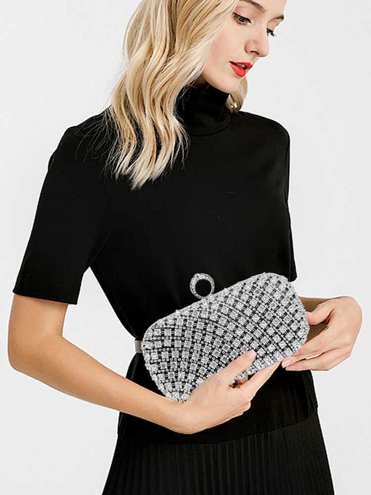 Elegance Radiant Chic Rhinestone Clutch - Small Square Purse Trend Luxury Designer Chain Shoulder Bag Women's Handbags Wallets Evening Bag For Wedding ﻿
