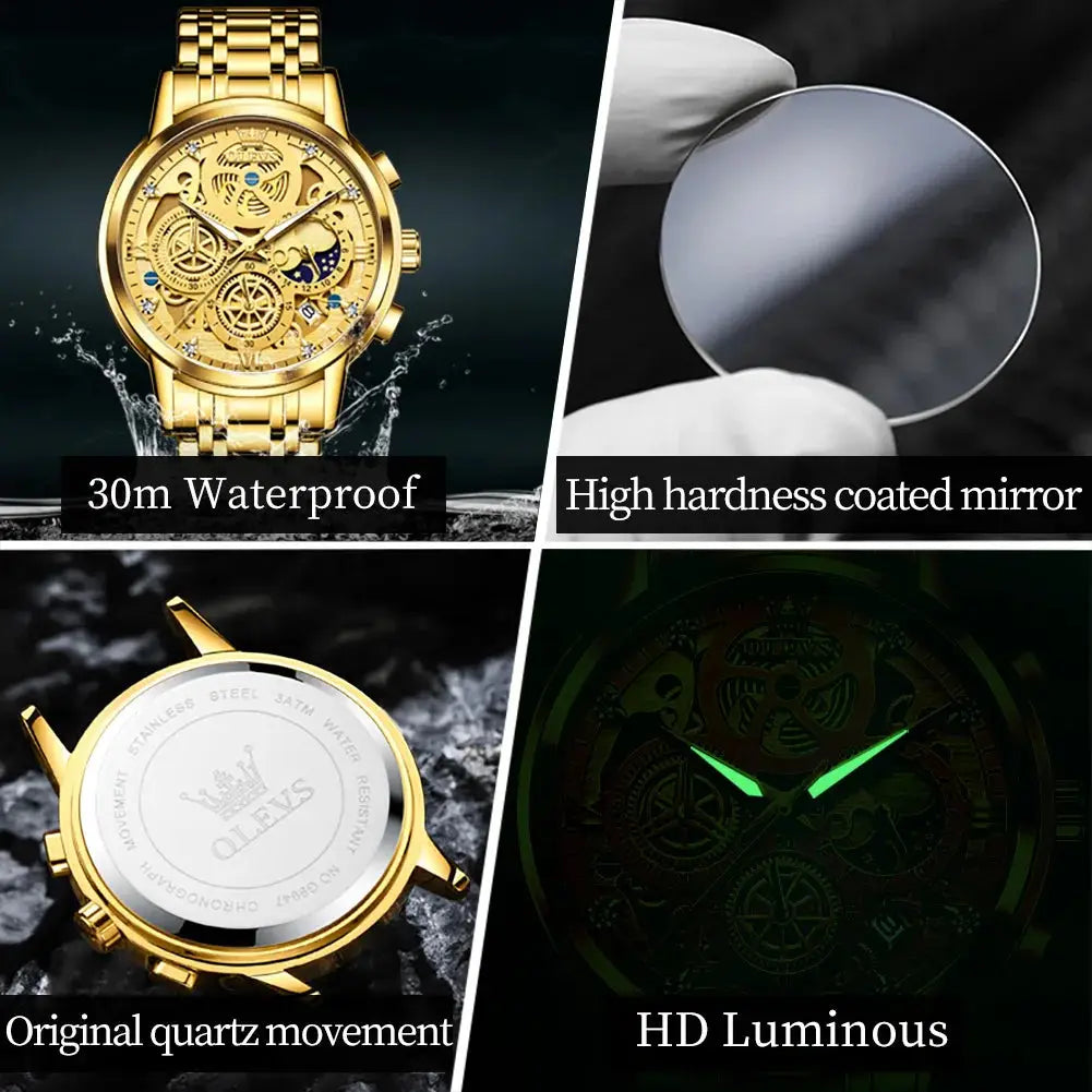 Elegane® 9947 Men's Watches Top Brand Luxury Original Waterproof Quartz Watch for Man Gold Skeleton Style 24 Hour Day Night