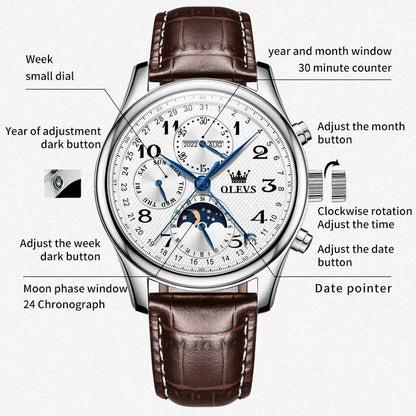 Elegance® 6667L Original Men's Automatic Wristwatch Moon Phase Calendar Waterproof Stainless Steel Leather Strap Mechanical Watch for Men