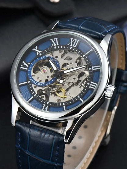 Elegance® Navy Sleek 8020 Men Automatic Watch Mechanical Rome Skeleton 40mm Leather Waterproof Wristwatch