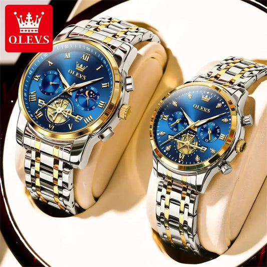 ELEGANCE® Luxury Brand Couple Watches Waterproof Luminous Stainless Steel Quartz Watch His and Hers Moon Phase Fashion Lovers Set OLEVS