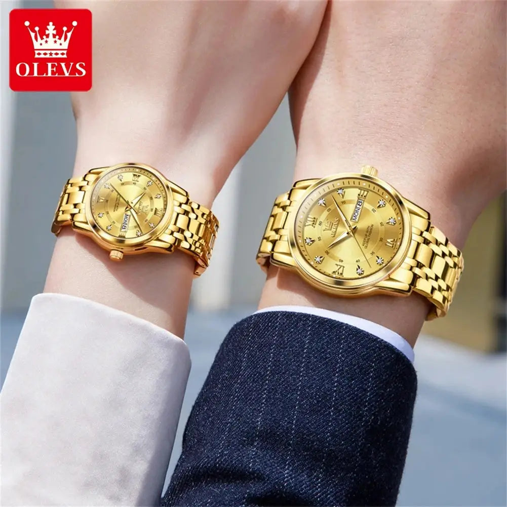 5513 OLEVS Couple Watch Pair for Men and Women Stainless Steel Waterproof Watches Luxury Gold Diamond Lover's Wristwatches ELEGANCE®