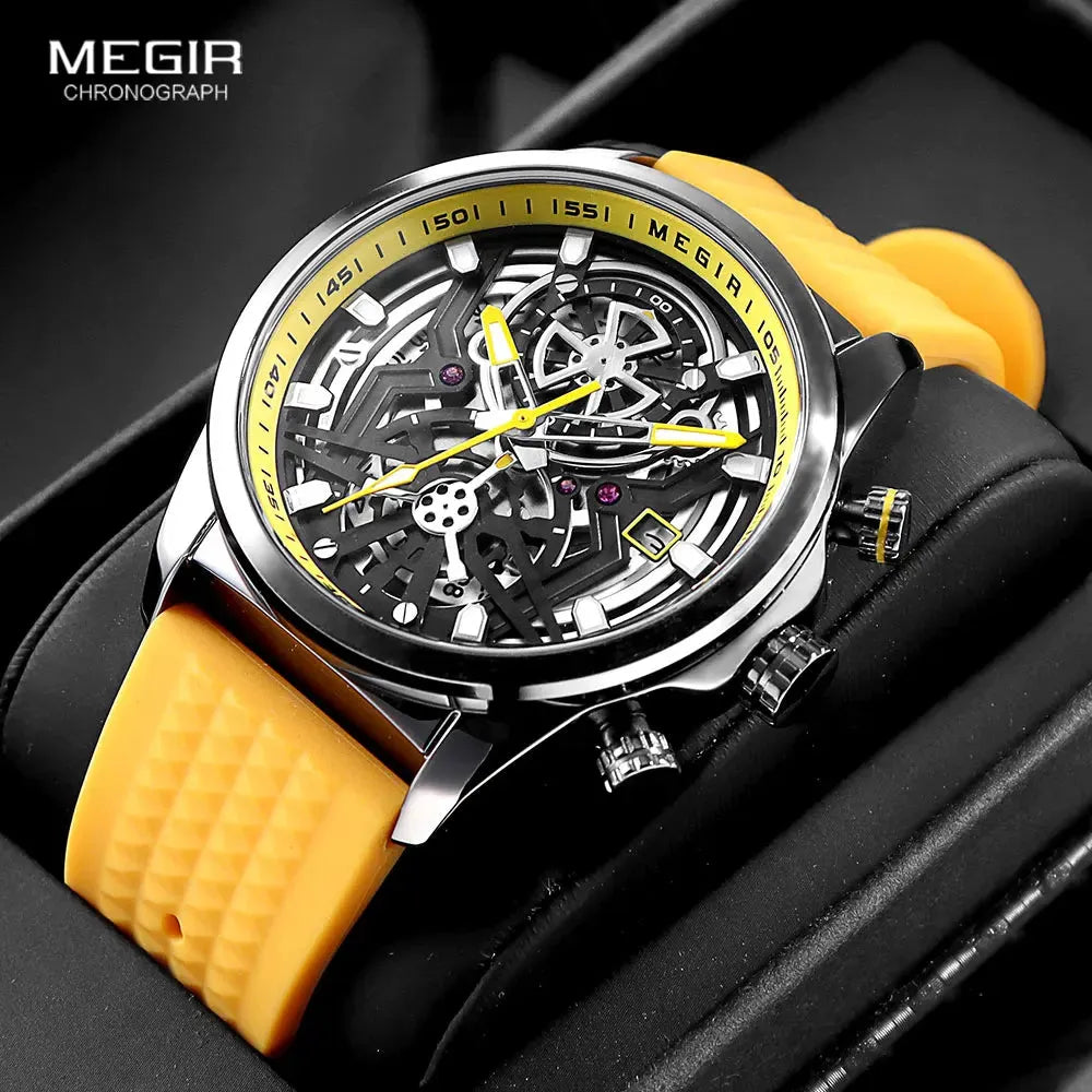 Elegance® ChronoSkeleton 2235 Chronograph Quartz Watch Men Fashion Waterproof Yellow Silicone Strap Sport Wristwatch with Luminous Hands Auto Date 2235