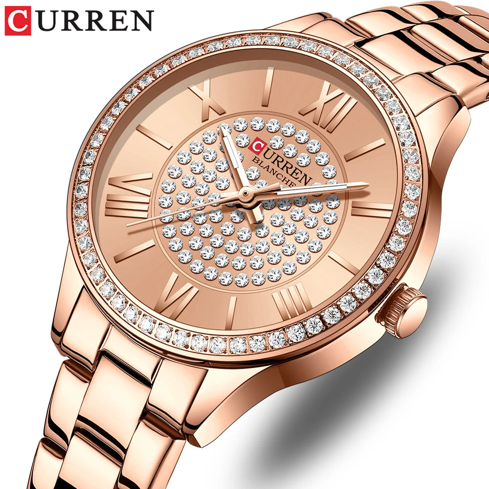 Elegance Opulent Rose 9084 Watch Luxury Rhinestones Rose Dial Fashion Watches with Stainless Steel Band New Quartz Wristwatches for Women