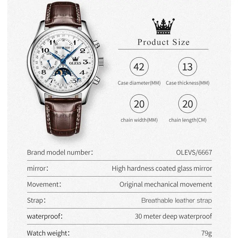 Elegance® 6667L Original Men's Automatic Wristwatch Moon Phase Calendar Waterproof Stainless Steel Leather Strap Mechanical Watch for Men
