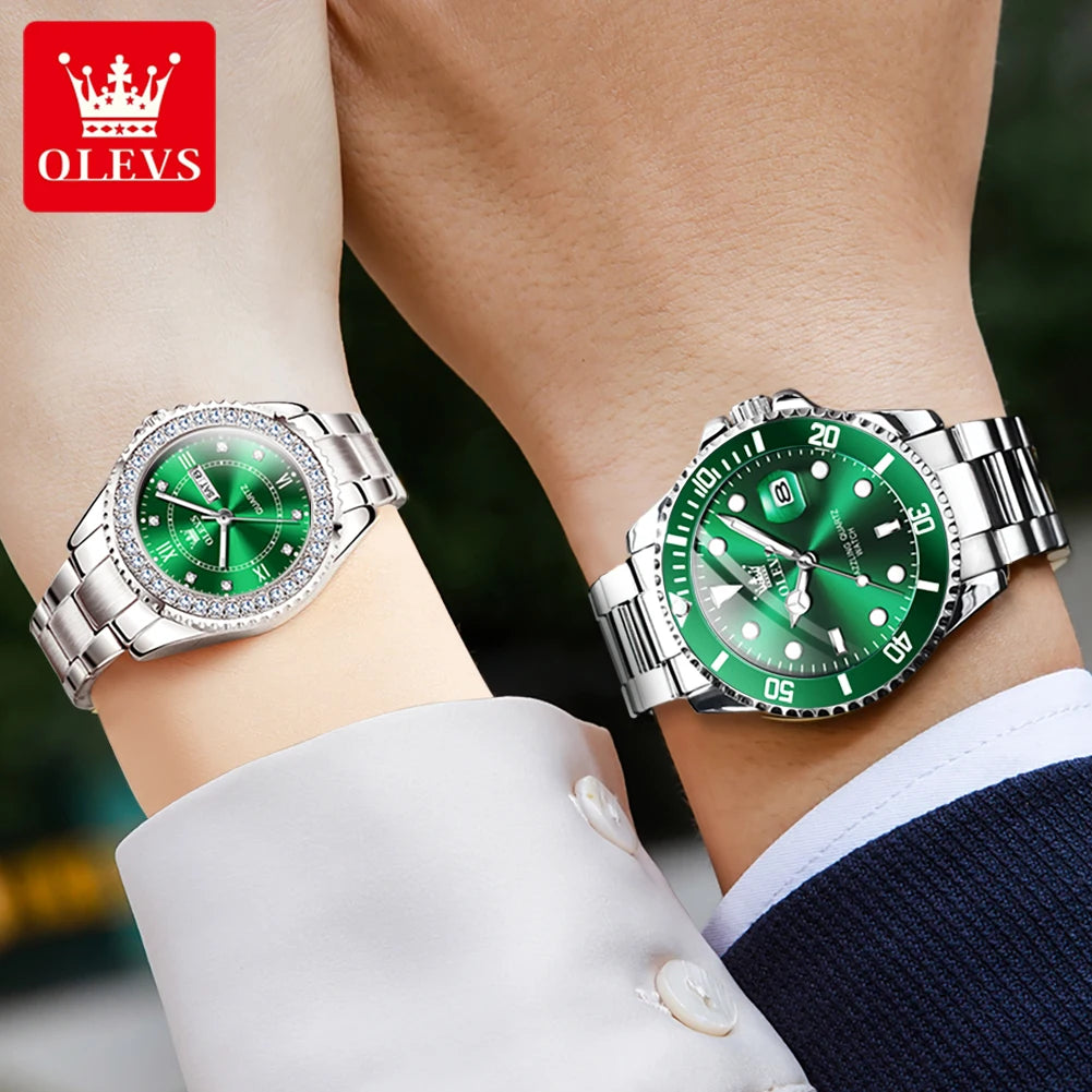 Elegance® 5885 Luxury Brand Couple Watches Set Waterproof Green Men's and Women's Quartz Watch Romantic Lover Calendar Week Wristwatch