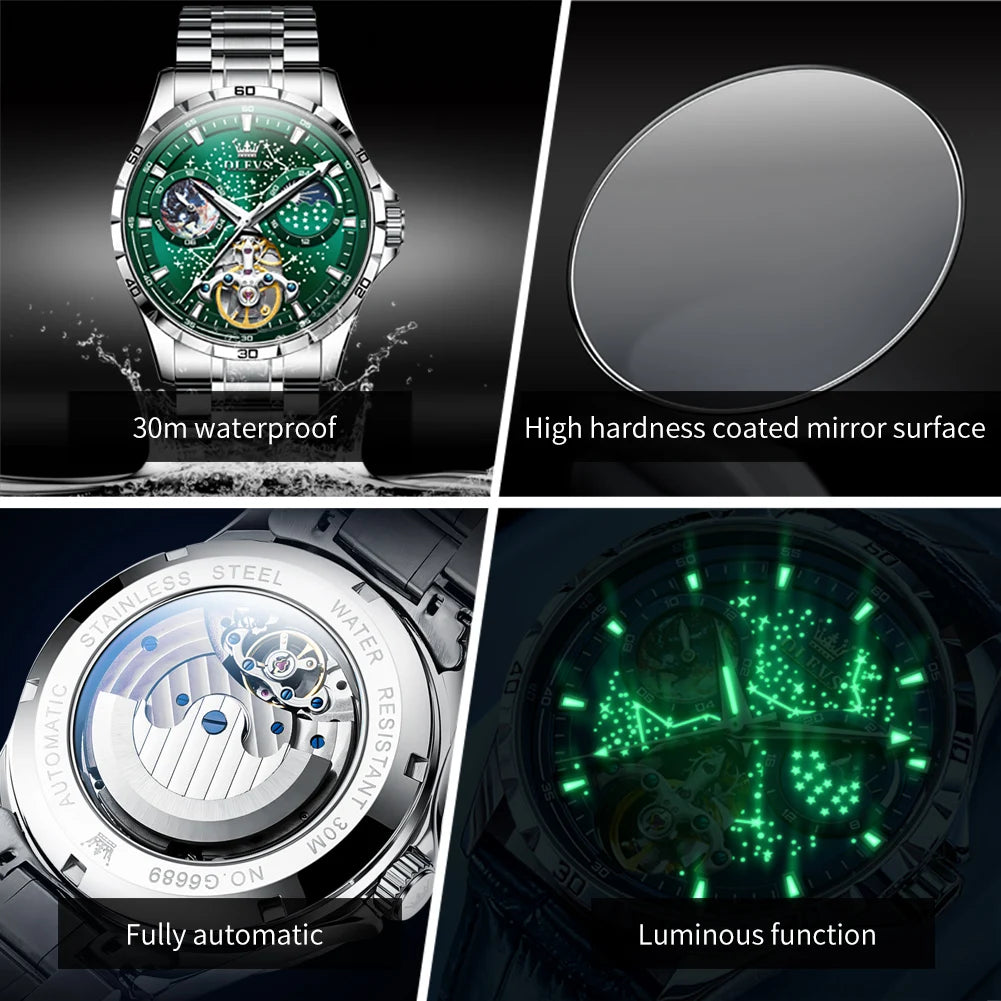 Elegance® 6689 Automatic Mechanical Watch for Men Starry Sky 42mm Dial Rotating Seconds Wrist Watch Luminous Star Moon Phase Watch