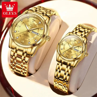 5513 OLEVS Couple Watch Pair for Men and Women Stainless Steel Waterproof Watches Luxury Gold Diamond Lover's Wristwatches ELEGANCE®