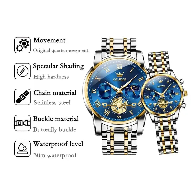 2897 OLEVS Luxury Brand Couple Watches Waterproof Luminous Stainless Steel Quartz Watch His and Hers Moon Phase Fashion Lovers Set ELEGANCE®