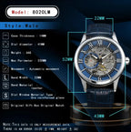 Elegance® Navy Sleek 8020 Men Automatic Watch Mechanical Rome Skeleton 40mm Leather Waterproof Wristwatch
