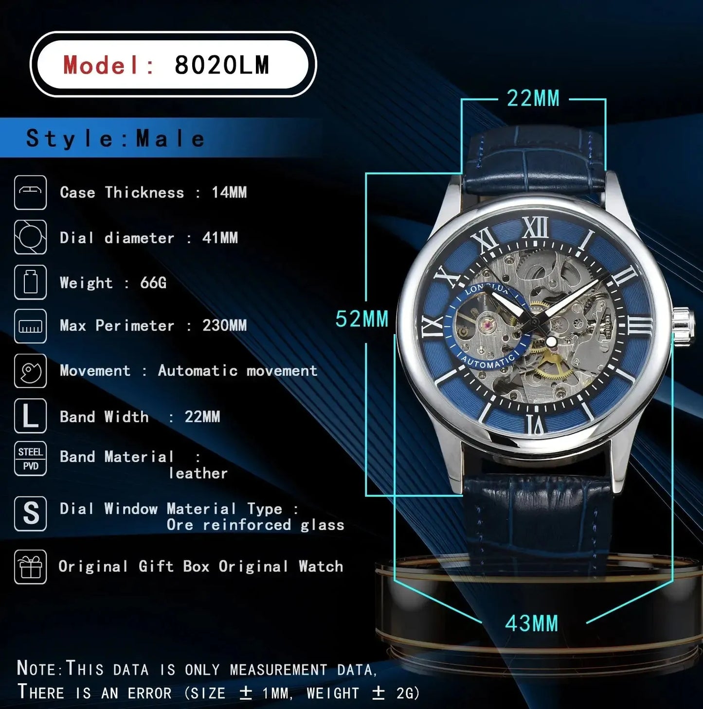 Elegance® Navy Sleek 8020 Men Automatic Watch Mechanical Rome Skeleton 40mm Leather Waterproof Wristwatch