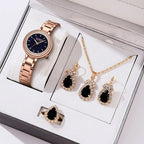 Elegance Luxe Gift Set Luxury Watch Women Ring Necklace Earrings Rhinestone Fashion Wristwatch Female Casual Ladies Watches Bracelet 5PCS Set