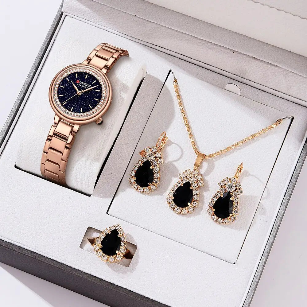 Elegance Luxe Gift Set Luxury Watch Women Ring Necklace Earrings Rhinestone Fashion Wristwatch Female Casual Ladies Watches Bracelet 5PCS Set