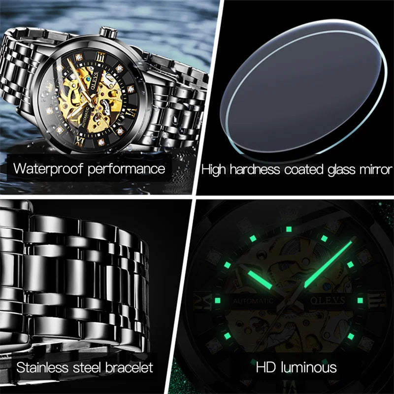 Elegance® 9901 Skeleton Watch Men Waterproof Luminous Casual Automatic Mechanical Watche Sports Men Black Steel Wristwatch Reloj Hombre