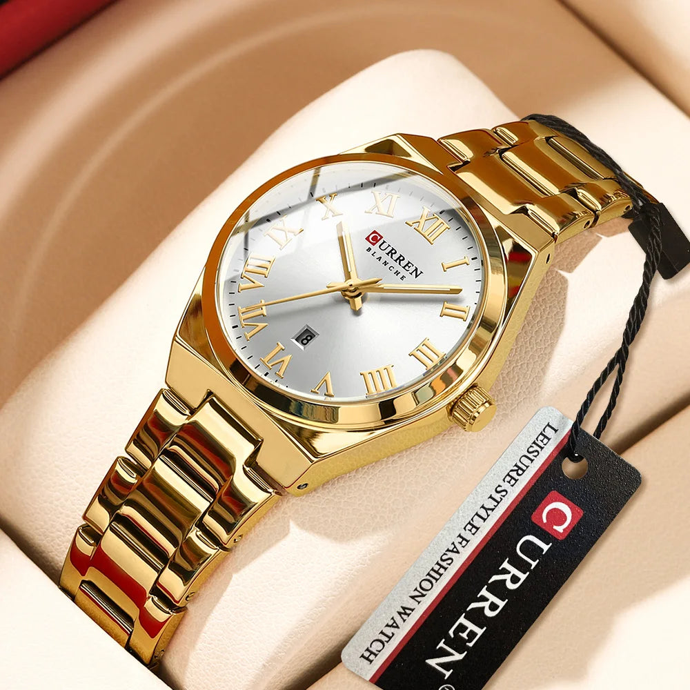 Elegance 9095 Gold Signature Women Watch Fashion Gold Stainless Stain Steel Ladies Watch Waterproof Quarzt Wristwatch Romatic Girlfriend Gift