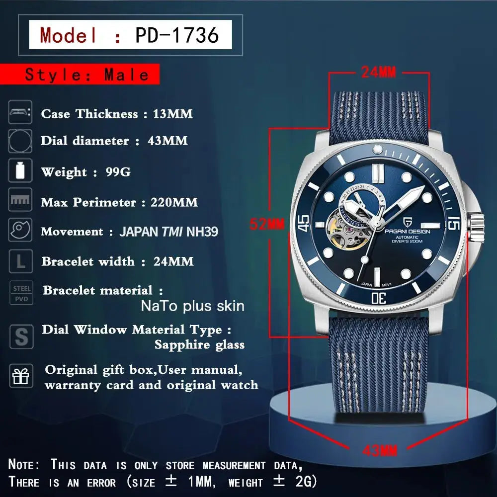 ELEGANCE® PAGANI DESIGN Brand Sports Men Mechanical Watch Fashion Sapphire 200M Waterproof Automatic Timecode