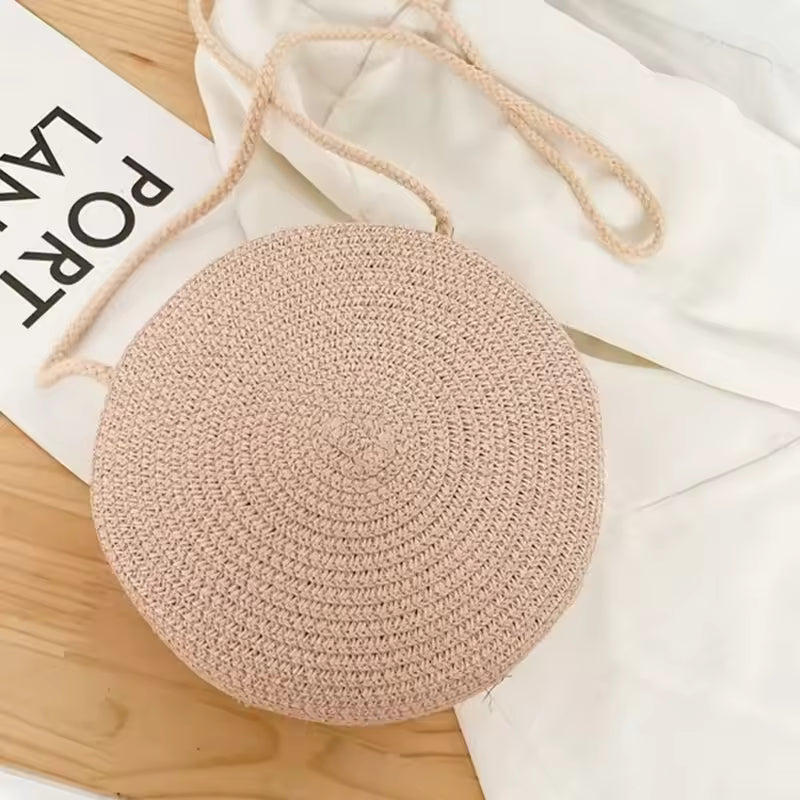 Elegance PureElegance Minimalist Bag - Minimalist Straw Bag Round Crossbody Purse Women Shoulder Vocation Style Handbag