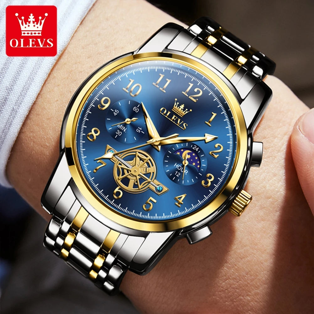 ELEGANCE® Celestial Timekeeper 2900 Moon Phase Watch Men Stainless Steel Waterproof Luminous  Fashion Skeleton Chronograph Quartz Wrist Watch for Men