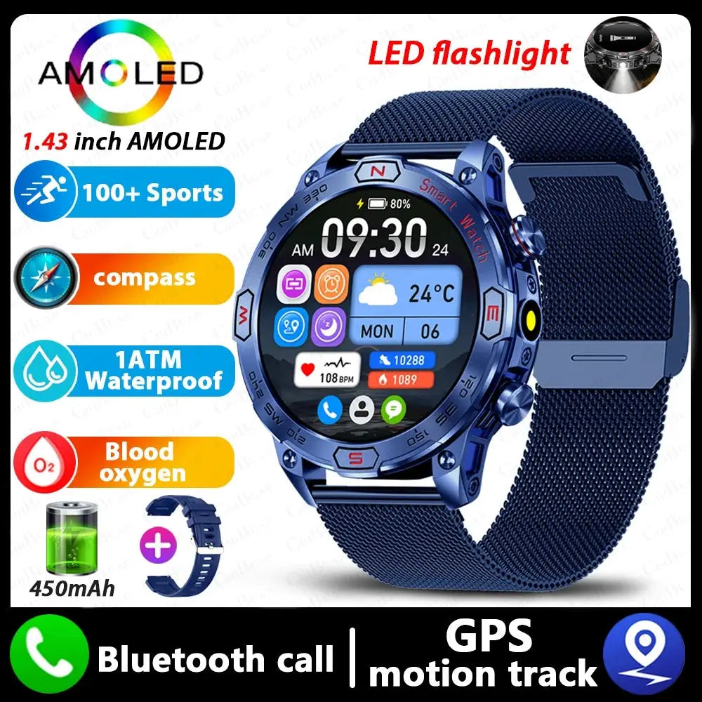 Elegance EliteTrack Smartwatch GPS Tracking LED Lights Outdoor Military Bluetooth Call Smartｗatch Men AMOLED HD Screen 1ATM Waterproof Sports Smart Watch IOS Android