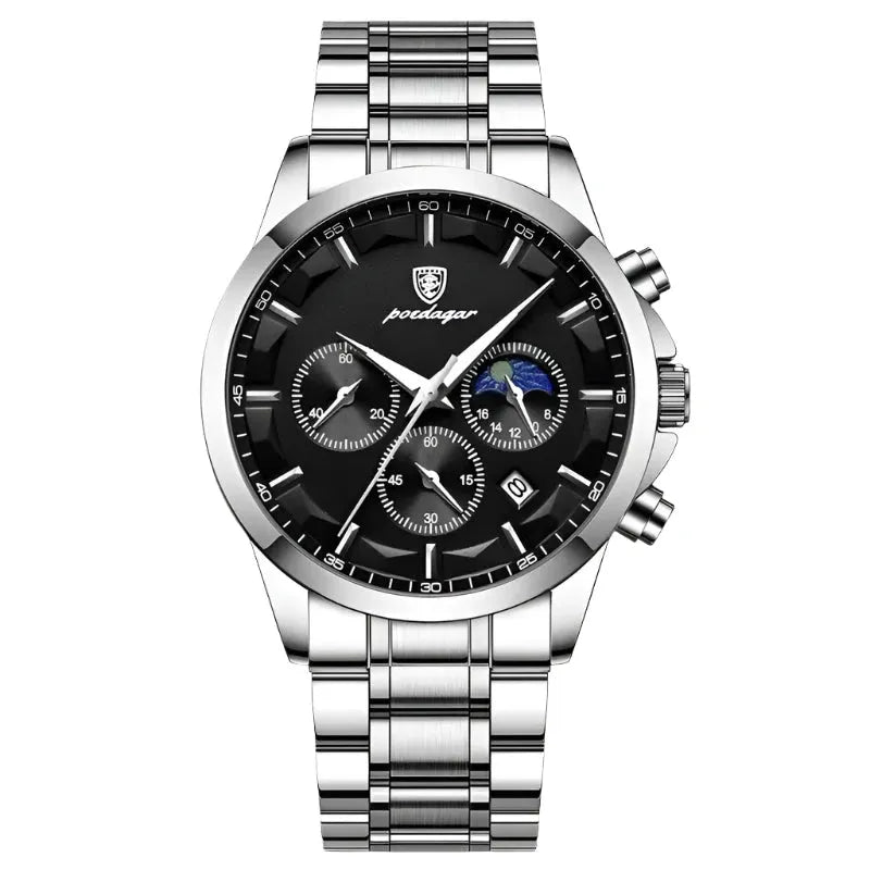 ELEGANCE® Genuine Leather Men's Watch Fashion Luminous Calendar Stopwatch Male Clock Waterproof Moon Phase Quartz Wristwatch POEDAGAR