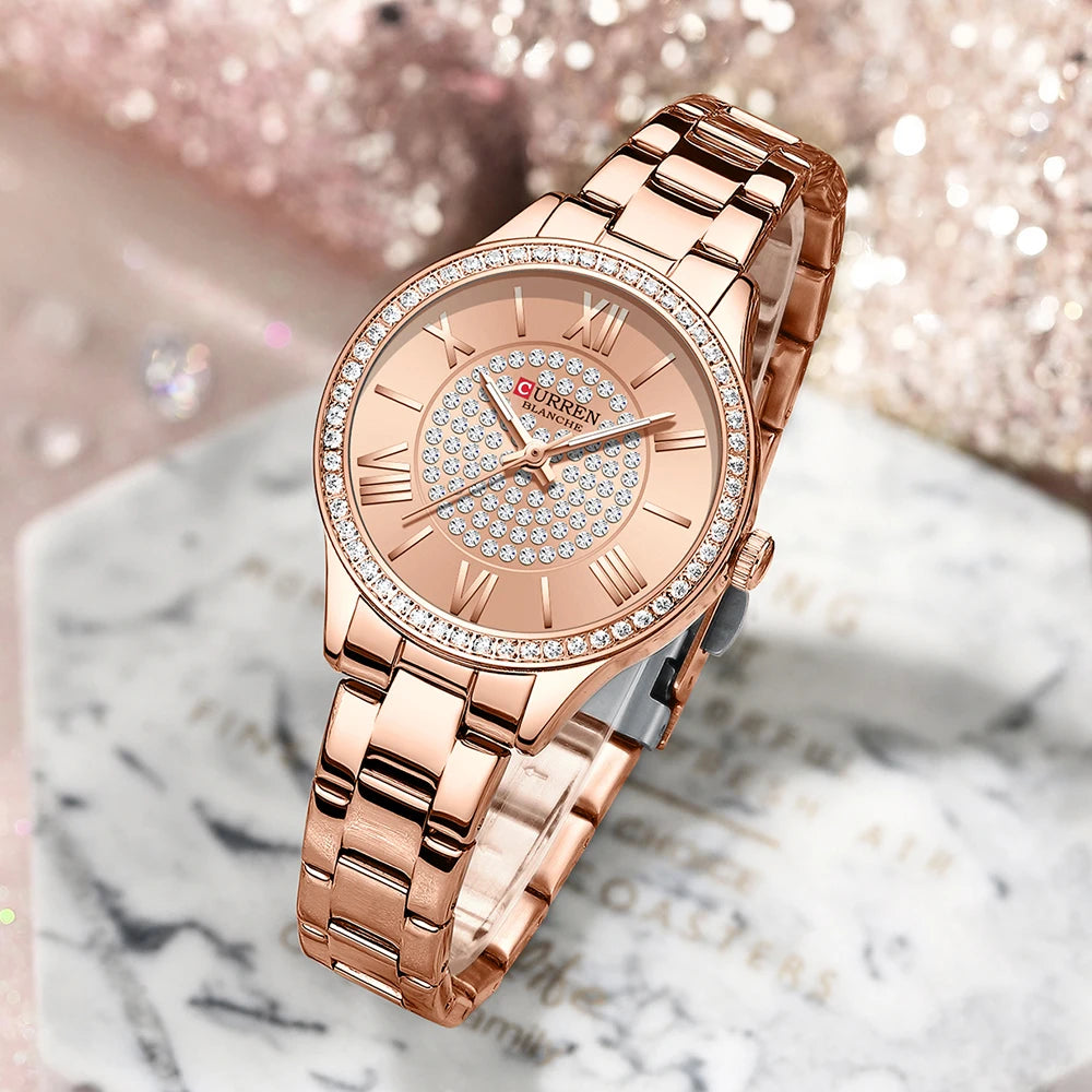 Elegance Opulent Rose 9084 Watch Luxury Rhinestones Rose Dial Fashion Watches with Stainless Steel Band New Quartz Wristwatches for Women