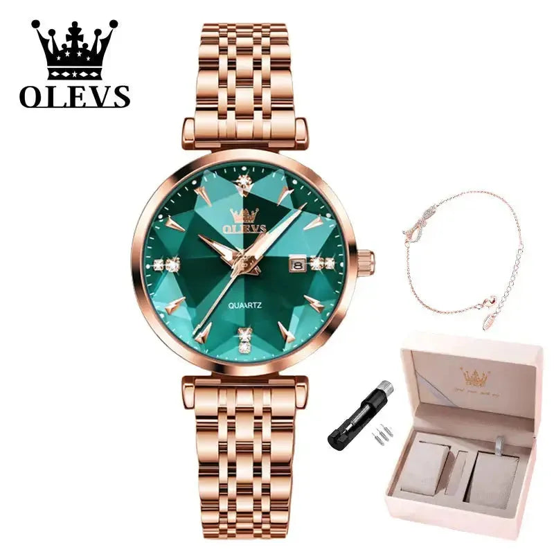 ELEGANCE® Women Luxury Jewelry Quartz Watch Waterproof Stainless steel Strap Rose Gold Watch for Women Fashion Watch Bracelet Set OLEVS