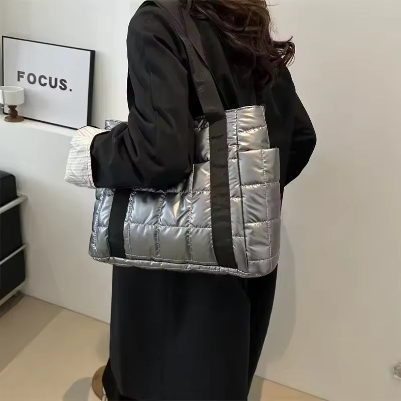 Elegance Essential Luxe Bag - Space Padded Women Shoulder Bags For Winter 2021 Large Capacity Black Handbags Designer Nylon Cotton Warm Tote Solid