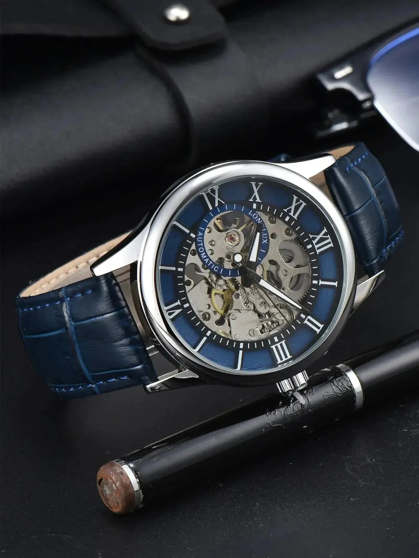 Elegance® Navy Sleek 8020 Men Automatic Watch Mechanical Rome Skeleton 40mm Leather Waterproof Wristwatch