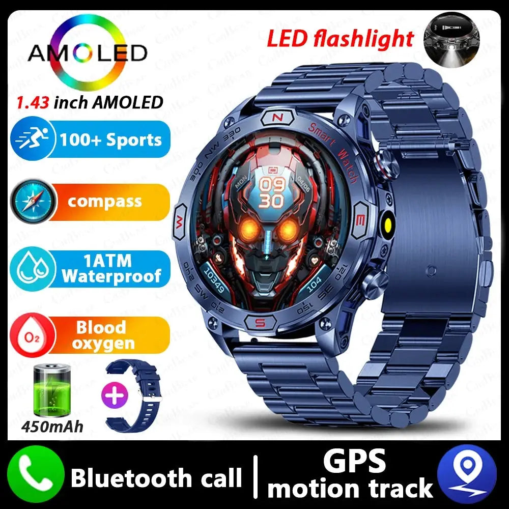 Elegance® EliteTrack Smartwatch GPS Tracking LED Lights Outdoor Military Bluetooth Call Smartｗatch Men AMOLED HD Screen 1ATM Waterproof Sports Smart Watch IOS Android