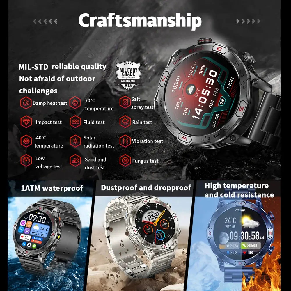 Elegance® EliteTrack Smartwatch GPS Tracking LED Lights Outdoor Military Bluetooth Call Smartｗatch Men AMOLED HD Screen 1ATM Waterproof Sports Smart Watch IOS Android