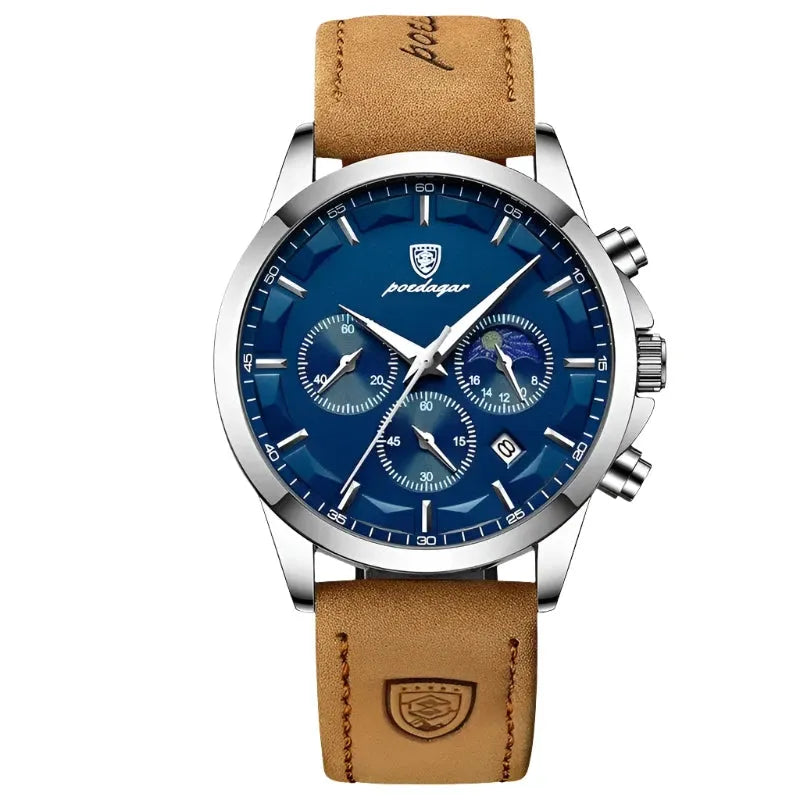 ELEGANCE® Genuine Leather Men's Watch Fashion Luminous Calendar Stopwatch Male Clock Waterproof Moon Phase Quartz Wristwatch POEDAGAR