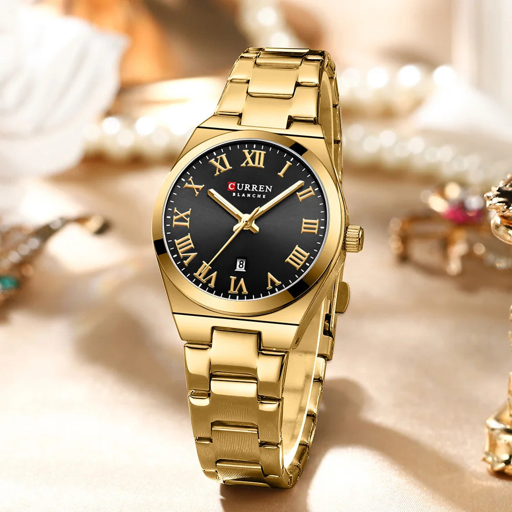 Elegance® 9095 Gold Signature Women Watch Fashion Gold Stainless Stain Steel Ladies Watch Waterproof Quarzt Wristwatch Romatic Girlfriend Gift