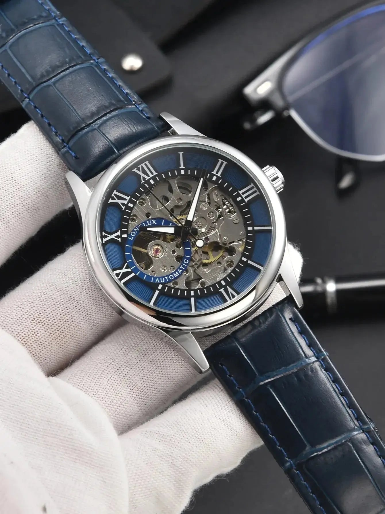 Elegance® Navy Sleek 8020 Men Automatic Watch Mechanical Rome Skeleton 40mm Leather Waterproof Wristwatch